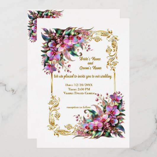 蘭エレガント鮮やかの花の結婚invitat 箔招待状 (正面/裏面)