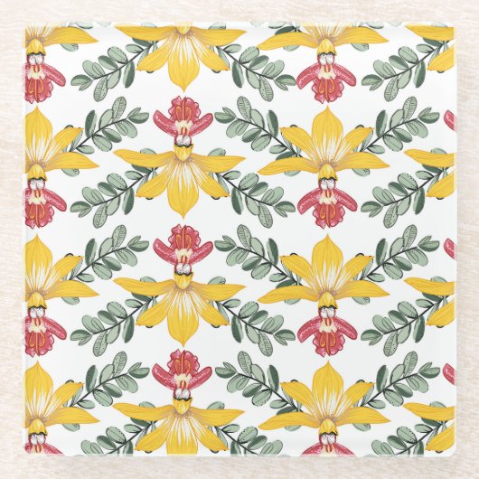 蘭美しい：フローラルパターンエレガンス。 ガラスコースター (正面)