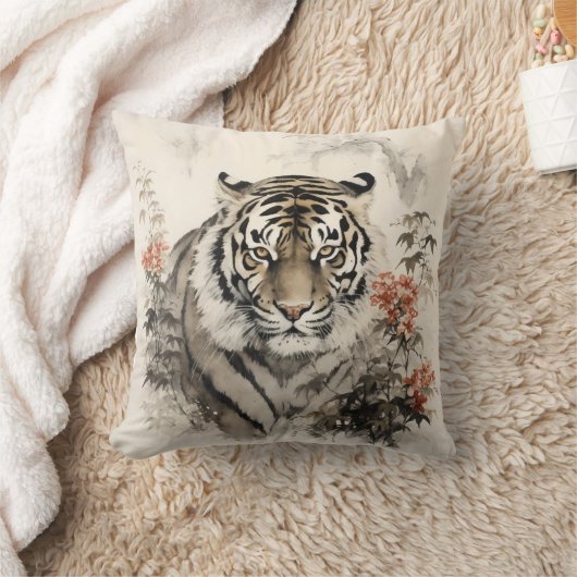 虎と花 クッション (ブランケット)