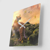 虎と蝶の夕日 スクエア壁時計 (傾斜)