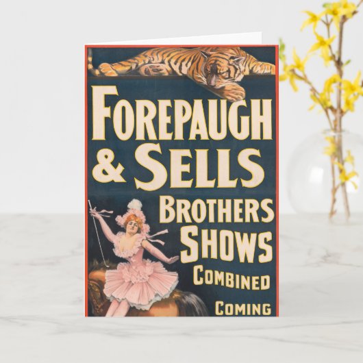 虎と馬に乗った女性のサーカスのポスター カード (黄色い花)