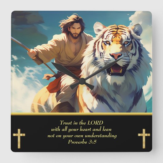 虎に乗るイエス スクエア壁時計 (正面)