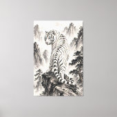 虎の墨絵 山の崖に立つ 白虎 キャンバスプリント (正面)