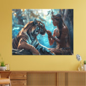 虎の女神 – 虎と自然の女性 キャンバスプリント (インサイチュ (リビング))