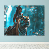 虎の女神 – 虎に乗る自然の女性 キャンバスプリント (インサイチュ (ウッドフロア))