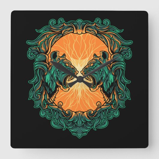 虎の戦い スクエア壁時計 (正面)