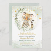 虎の赤ちゃん 緑の月 輝く星のベビーシャワー 招待状 (正面/裏面)
