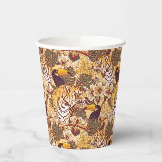 虎を伴う熱帯の花柄 紙コップ (左)