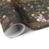 虎猫の子猫およびクリスマスツリー ラッピングペーパー (ロールコーナー)