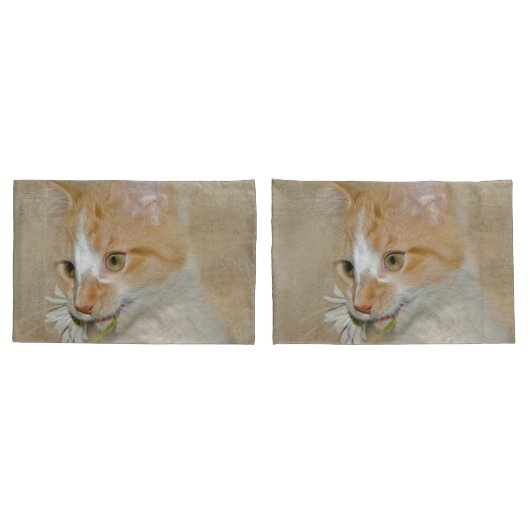 虎猫の子猫と白いデイジー 枕カバー (バックセット)