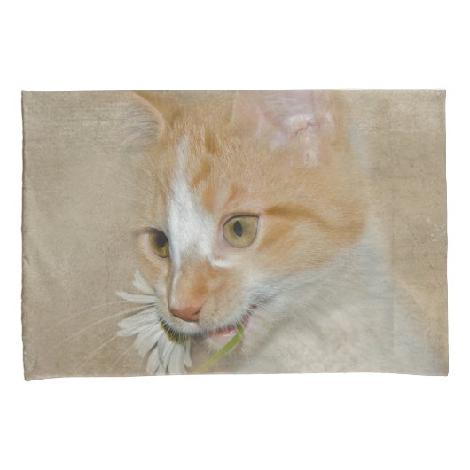 虎猫の子猫と白いデイジー 枕カバー (正面右)