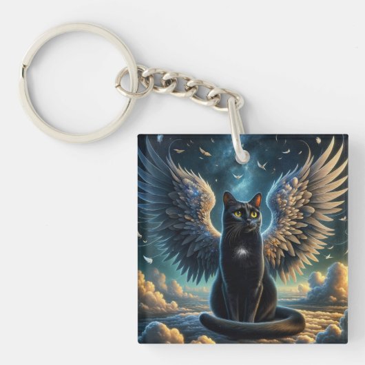 虎猫エンジェル猫が雲に座るキーチェーン キーホルダー (正面)