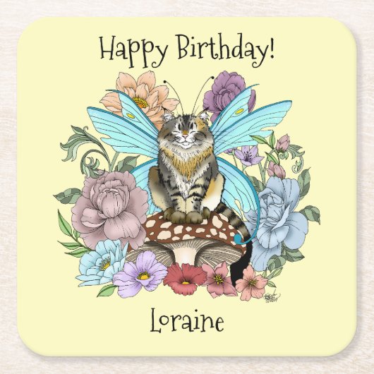 虎猫フェアリー猫キノコフローラ スクエアペーパーコースター (正面)