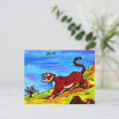 虎絵画と鳥の飛んでいるアートワークファンタジー シーズンポストカード (スタンド正面)