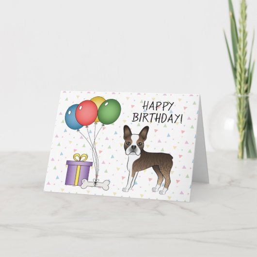 虎縞&白のボストンテリア犬 お誕生日おめでとう カード (正面)