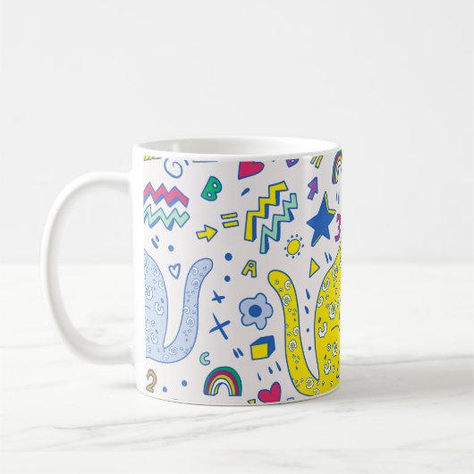 虎、文字、虹を持つ子供じみた模様 コーヒーマグカップ (左)