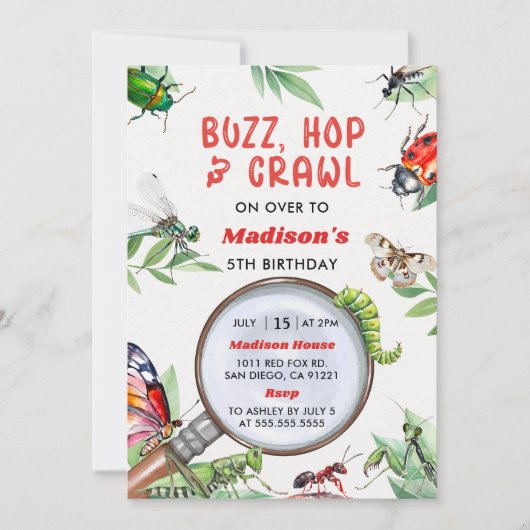 虫と虫のヴィンテージ男の子の誕生日パーティー 招待状 (正面)