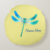 虫のように可愛い青い緑のトンボがライトイエロー ラウンドクッション (正面)