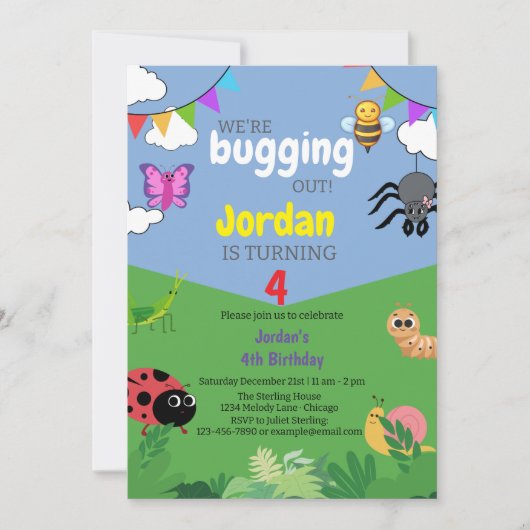 虫のテーマの子供の誕生日パーティー招待状　ぞわぞわ 招待状 (正面)