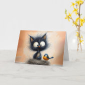 虫の付いた誕生日猫 カード (黄色い花)