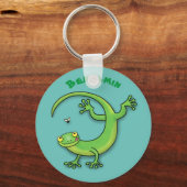 虫の漫画と可愛い幸せな緑のゲッコ挨拶 キーホルダー (正面)
