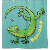 虫の漫画と可愛い幸せな緑のゲッコ挨拶 シャワーカーテン (正面)