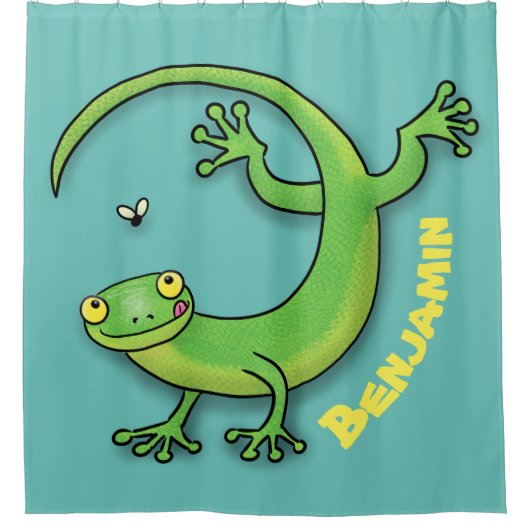 虫の漫画と可愛い幸せな緑のゲッコ挨拶 シャワーカーテン (正面)