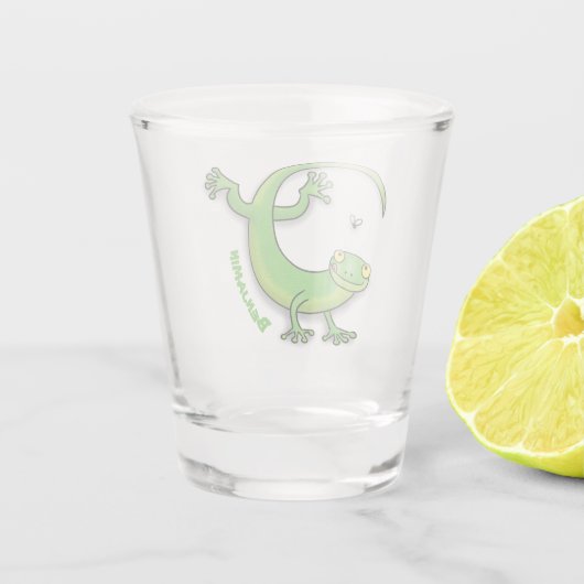 虫の漫画と可愛い幸せな緑のゲッコ挨拶 ショットグラス (裏面)