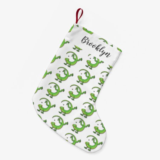 虫の漫画と可愛い幸せな緑のゲッコ挨拶 スモールクリスマスストッキング (正面 (吊り時))