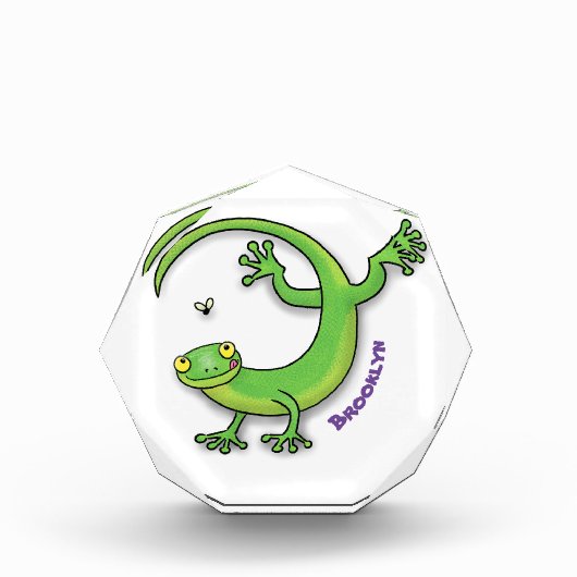 虫の漫画と可愛い幸せな緑のゲッコ挨拶 フォトブロック (正面)