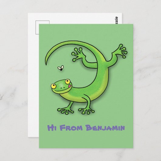 虫の漫画と可愛い幸せな緑のゲッコ挨拶 ポストカード (正面/裏面)
