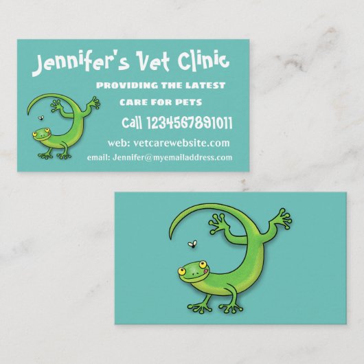 虫の漫画と可愛い幸せな緑のゲッコ挨拶 名刺 (正面/裏面)