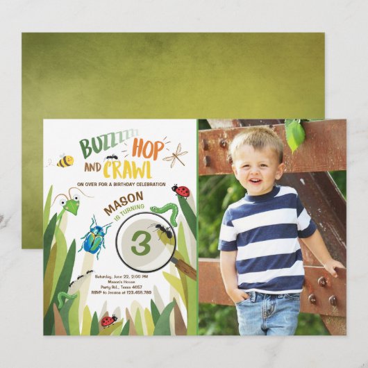 虫の誕生日の招待状の昆虫は男の子の煩わせを煩わせます 招待状 (正面/裏面)