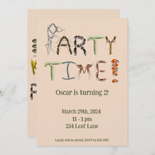 虫や昆虫をテーマにしたパーティーの子供向けのぞっとするような 招待状 (正面/裏面)