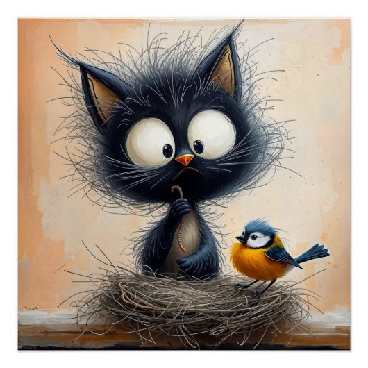 虫を飼い鳥を探しているむさくるしい大きな目の猫 ポスター (正面)