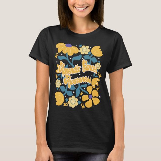 虫垂がん認識度花とリボン Tシャツ (正面)