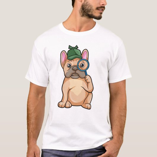 虫眼鏡を持つ探偵のフレンチブルドッグ Tシャツ (正面)