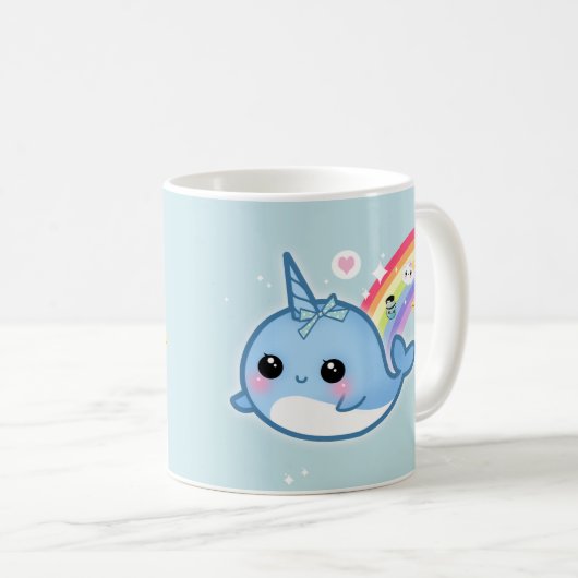 虹および輝きの星とnarwhalかわいいかわいい コーヒーマグカップ (正面右)