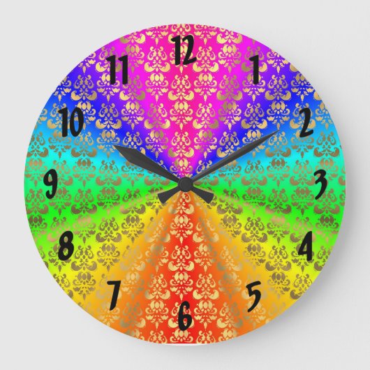 虹および金ゴールドのダマスク織 ラージ壁時計 (正面)