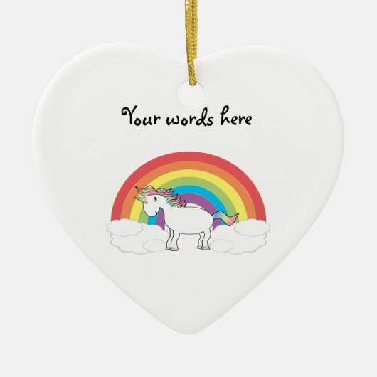 虹および雲の白いユニコーン セラミックオーナメント (正面)