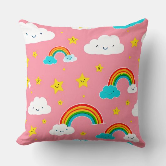 虹がかかったかわいい雲のパターン クッション (正面)