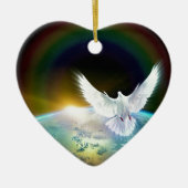 虹が付いている地球上の平和神霊の鳩 セラミックオーナメント (正面)