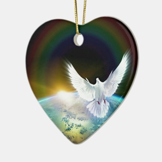 虹が付いている地球上の平和神霊の鳩 セラミックオーナメント (左)