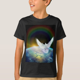 虹が付いている地球上の平和神霊の鳩 Tシャツ