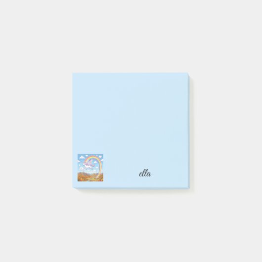 虹とともに空を飛ぶユニコーンのキャラクターイラスト | 名前入り ポストイット (正面)