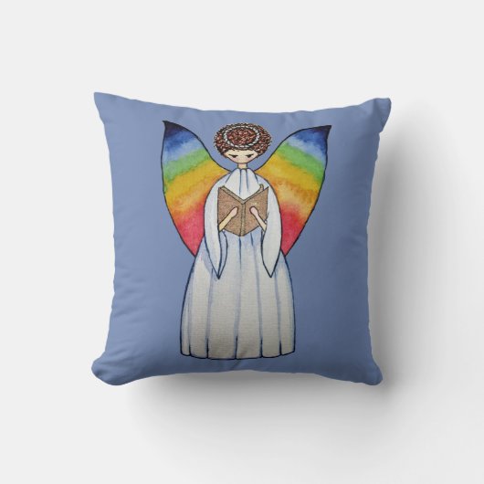 虹との水彩画の天使は飛びま本を読みます クッション (正面)