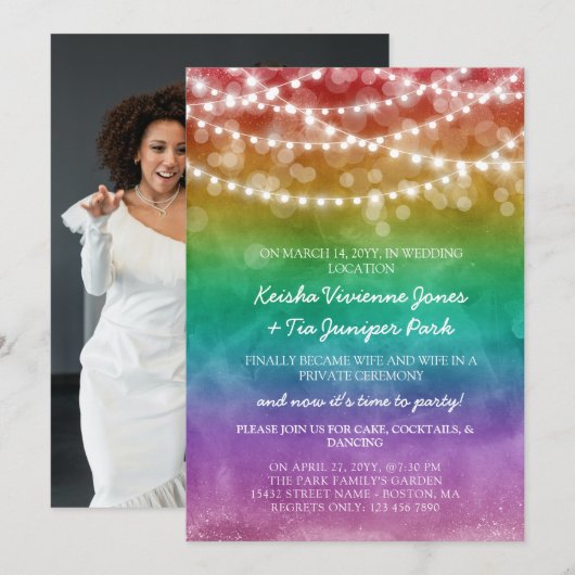 虹とイルミネーションの結婚式後お祝い会 案内状 (正面/裏面)