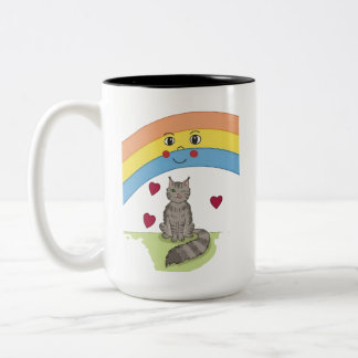 虹とウィンクするかわいい猫の顔のコーヒーマグ ツートーンマグカップ