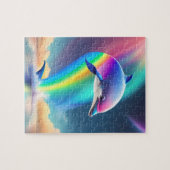 虹とカラフルネオンライトの中のかわいいイルカ ジグソーパズル (横)