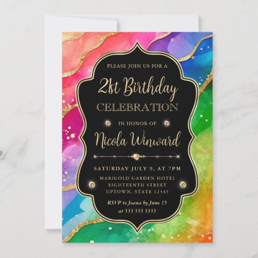 虹とゴールドのグリッター アルコール インク 21歳の誕生日 招待状 (正面)